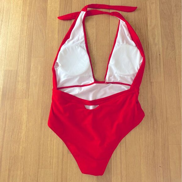 MARILYN MONROE Pinup Style Red Halter One Piece Lined Swimsuit Size M/L - Picture 3 of 4
